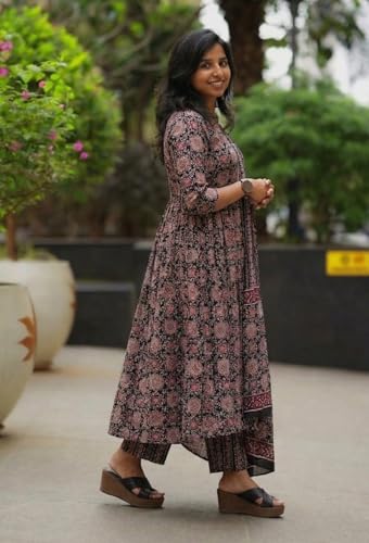 Image of Nermosa Women Printed Cotton Anarkali Kurta and Pant with Dupatta | Printed Kurta Set | Cotton Kurta Set | Summer Office Wear |