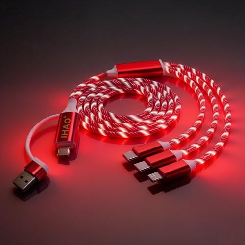 Image of IHAO Multi Ports Light-Up USB Cable USBA /USB C to USBC /MicroUSB Cable Durable Fast Charging Cable with Visible Current Flow As Night Light Use 39 inches-6in1 Red