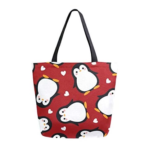 Valentine Day Cute Penguin Canvas Tote Bag Women Large Handbags Reusable Grocery Shopping Bags Casual Shoulder Bags for Travel School Outdoors Cover
