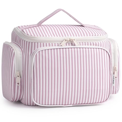 Image of Narwey Large Toiletry Bag, Travel Hanging Toiletry Bags for Women, Wash Bag for Travel Size Toiletries, Make up Washbag Organizer Holiday Essentials Gift for Women (Dusty Rose Stripe)