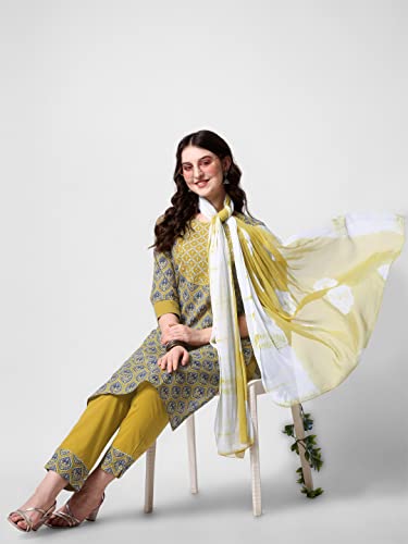 Image of MIRCHI FASHION Pure Cotton Women Straight Print & Thread Embroidery Kurti Set with Dupatta & Pant