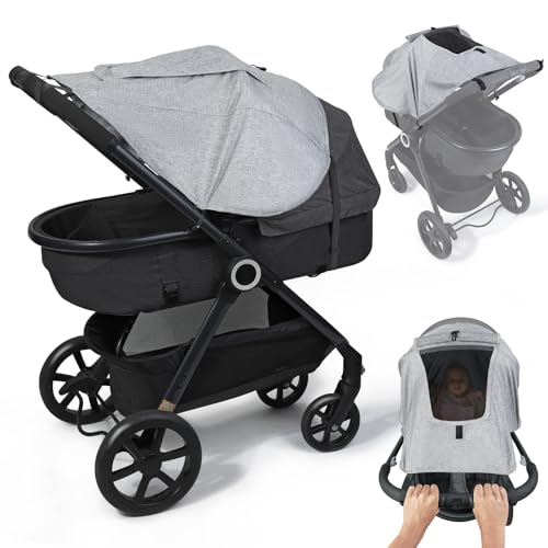 Orzbow Sonnensegel Kinderwagen & Babywanne Universal, Atmungsaktive Sonnenschutz Kinderwagen & Babywanne mit Klettverschluss, Stabile & UV Schutz 50+, mit Netz-Dachfenster, Einfache Installation, Grau