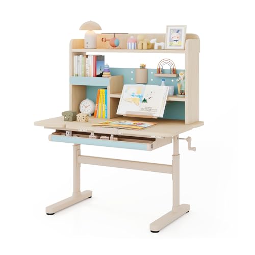 COSTWAY Schreibtisch Kinder, Kinderschreibtisch 52-74 cm höhenverstellbar mit neigbarer Tischplatte, Kindertisch mit Regal, Schublade, & Buchständer, Schülerschreibtisch für Kinder ab 3 Jahren (Blau)