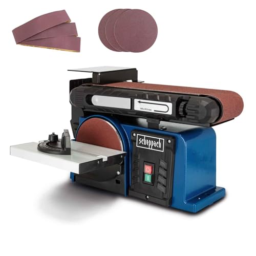 Scheppach Band &Tellerschleifer BTS900 mit 6 tlg. Zubehör | Leistung 370W | Schleifteller-Ø 150mm | Schleifbandlänge/-breite 915x100mm | Tischneigung 0°–45° | Gussmaterial-Konstruktion & Absaugadapter