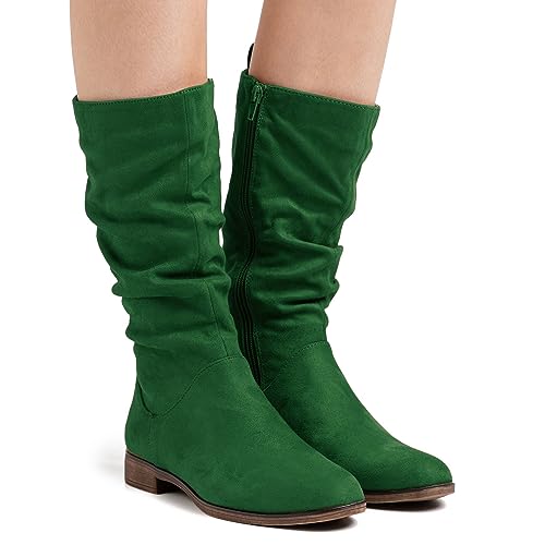 MOOMMO Women Mid Calf Slouch Boots Suede Calf High Boots Flats Flat Heel Long Boots Wide Calf Side Zipper Winter Boots Round Toe Flat Boots Retro Cute Casual Comfy Winter 4-13 M US2