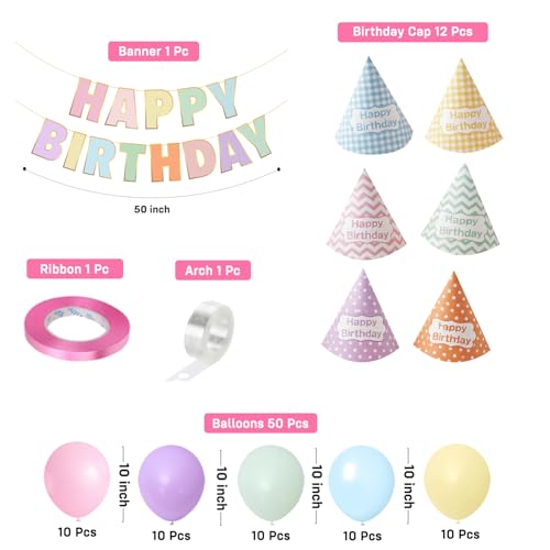 Image of Party Propz Pastel Happy Birthday Decoration Kit - 65 Pcs, Multicolor Balloons for Birthday, Birthday Decoration Items, Pastel Birthday Cap, Birthday Banner for Boys & Girls (Cardstock)