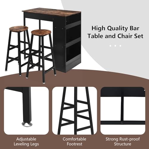 ROYAL POLAR Bar Table and Chairs Set Wooden Counter Height Table Set with 2 Bar Stools, Industrial Bar Table Set with 3 Tier Adjustable Storage Shelves
