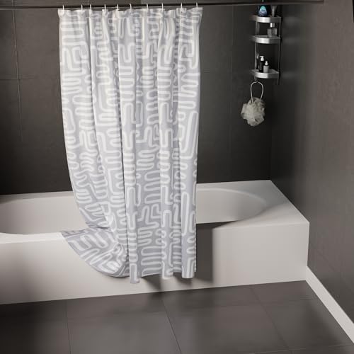 Image of Encasa XO Bathroom Shower Curtain 7 Feet with 10 Hooks | (72x84 in) Quick Dry Heavy Printed Polyester Fabric Bathroom Curtains Waterproof | Machine Washable, Mould & Mildew Resistant - Boho Maze Grey