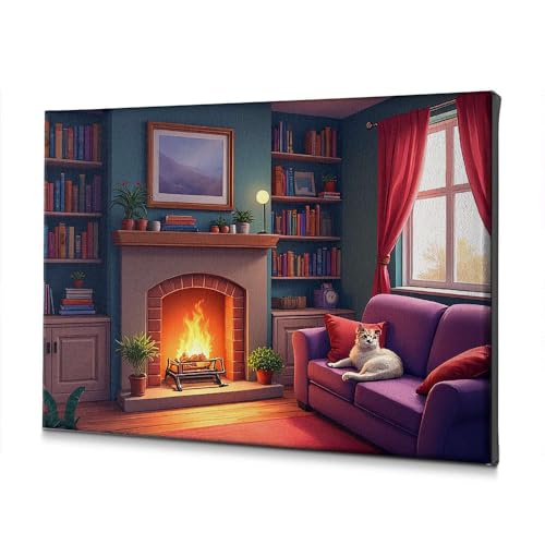 Toile murale salon pour habiller un mur vide avec un motif chat et cheminée