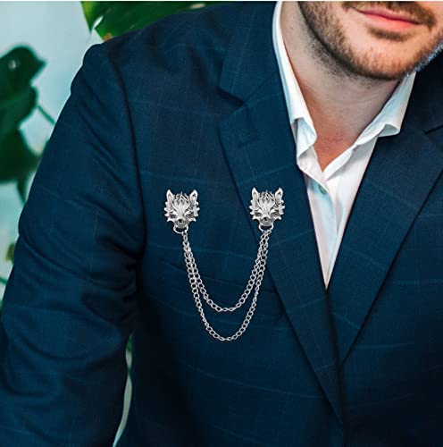 Wolf Head Long Collar Chain Brooch.Punk Gold Silver Chain Tassel Brooch Pin,Cool Animal Head Collar Coat Pin for Men's Corsage Pin Jewelry Gift3