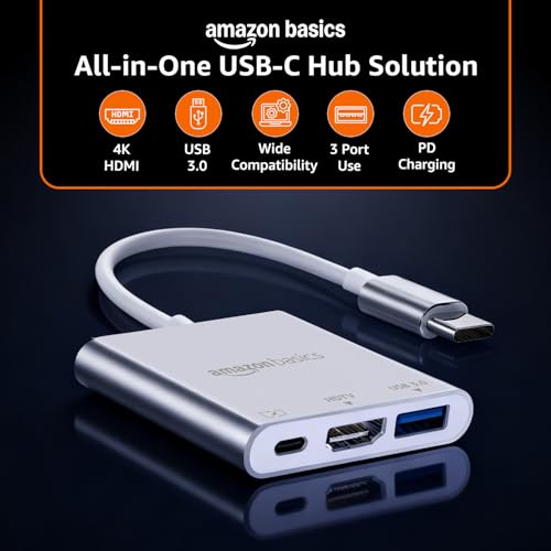 Image of Amazon Basics 3-in-1 USB Type C to HDMI Adapter 4K@30Hz, 100W PD Fast Charging Port, USB A 3.0 @5Gbps Speed, MultiPort HUB for MacBook Pro Air, Windows, Laptop, Tablet, Smartphone & All Type C Devices