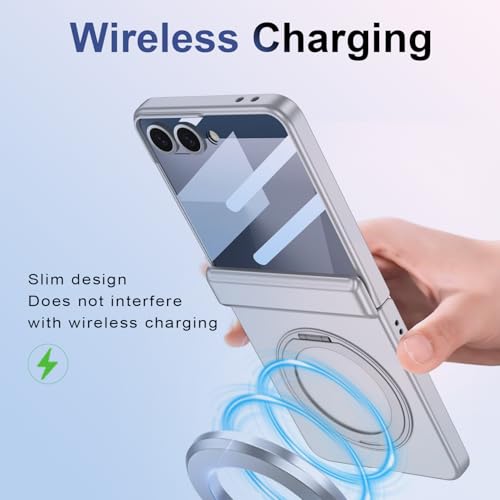 Image of for Samsung Galaxy Z Flip 7 Case with 360 Bracket Ring Holder Magnetic Hinge Protection & Built-in Front Screen Protector, Slim Texture Shockproof Case.(Sliver)