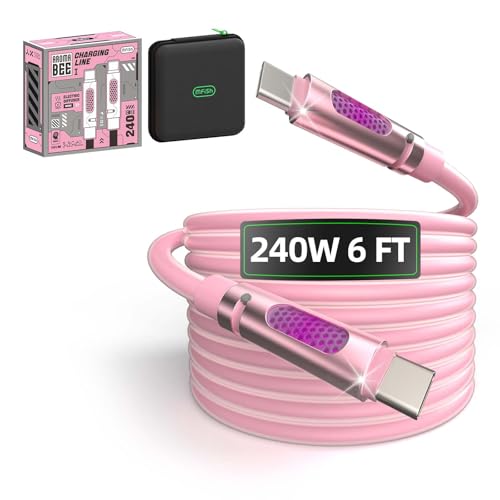 Image of MFish 240W USB-C to USB-C Cable (PD 3.1 EPR), 480Mbps Speed, Fast Charging Type C Cable for MacBook Pro /Air, iPhone 17 /16 Pro, Galaxy S25 /S24, Laptops, iPad, Durable Silicone, 6FT Pink