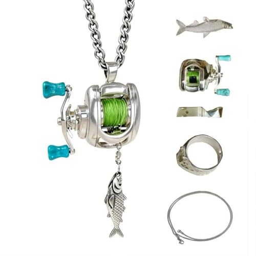 Mini Fishing Reel Necklace Set Used For Daily Wear And Gift Giving Capable Of Interactive Spinning Motion IsA Durable Alloy Fishing Pendant Cause Ideal For Angler Collectors (1 Pcs)