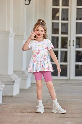 Image of Arshiner Girls Summer Outfits Short Sleeve Ruffle Hem Top and Biker Shorts Set Girl Clothes 4-15 Years