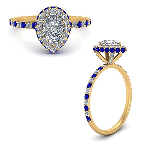 Image of Choose Your Gemstone Pave Rollover Pear Halo Engagement Ring Yellow Gold Plated Pear Shape Halo Engagement Rings Matching Jewelry Wedding Jewelry Easy to Wear Gifts US Size 4 to 12