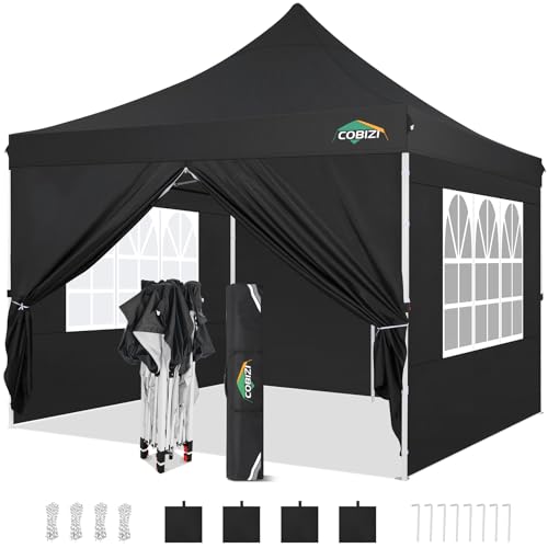 COBIZI 10x10 Pop Up Canopy with 4 Sidewalls, Canopy Tent 10x10 for Parties, Backyard, Commercial, Waterproof and Portable Instant Shelter UV50+ Outdoor Gazebo with 4 Sandbags(Black)