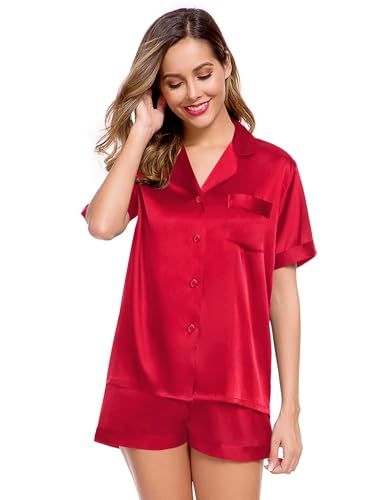 Image of LecGee Womens Silk Satin Pajamas Short Sleeve Loungewear Two-Piece Sleepwear Button-Down Pj Set