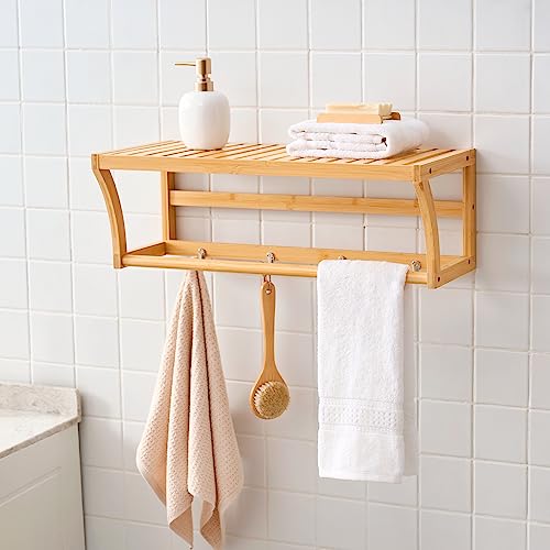 [en.casa] Étagère Murale avec 4 Crochets et Barre de Serviette pour Salle de Bain Cuisine Entrée Petit Meuble de Rangement au Style Scandinave Bambou 20,5 x...