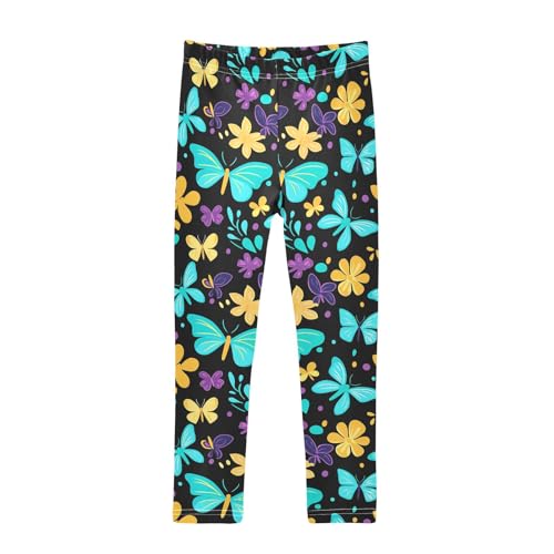 senya Girls Printed Leggings Yoga Pants Blue Yellow Butterflies Pattern for Kids in 4t to 10 Years, 4T
