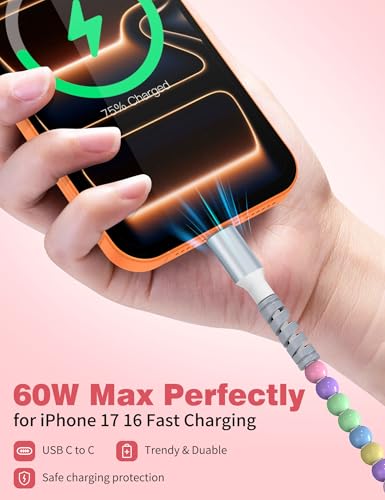 Image of USB C to USB C Cable 1FT,60W Fast Charging Beaded Charger Cord 30CM for iPhone 17 16 15 Pro Max /iPad Air 11 10th for Samsung S26 S25 S24 Ultra S23 A16 A17 /Android Phone Charger Cord Cute Girls Women