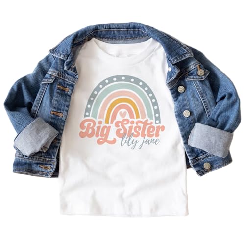 Personalized Boho Big Sister Shirt For Girls - Custom Kids Name Retro Rainbow Big Sis Sibling Reveal Outfit - Natural Toddler & Youth Tee