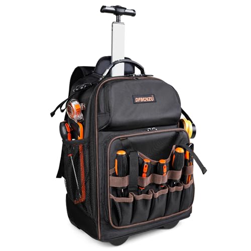 Rolling Tool Backpack Heavy Duty 43 Pockets Tool Backpack with Wheels Rolling Tool Bags for Men with Retractable Handle 1680D Tool Bag with Wheels for Electrician Construction Worker Mechanic HVAC