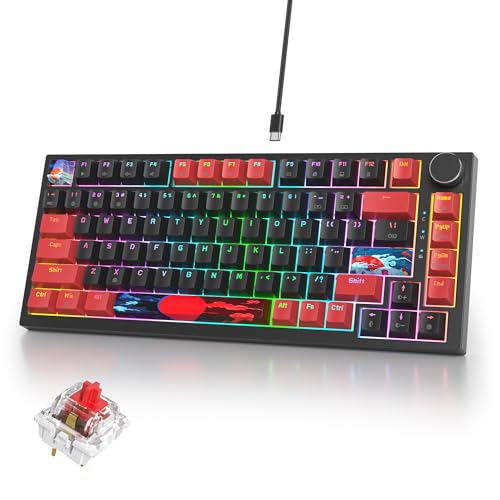 Image of 75% Mechanical Gaming Keyboard with Hot Swappable RGB Backlit Custom Knob, Gasket Mount USB Wired Keyboard, 82 Red Black Linear Red Switch Keys