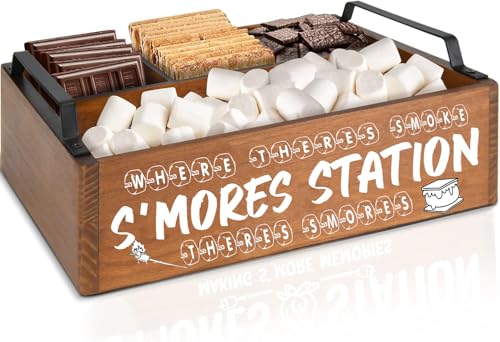 DEALZOOM Smores Station (Mini Brown 11x7x3) - Wooden Smores Caddy Holder with Handles - S'Mores Serving Tray for Kitchen - Smores Maker Box for Smores Kit Camping Decor - Smores Accessories Organizer