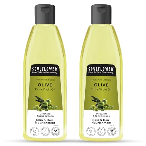 Image of Soulflower Olive Hair Oil for Hair Growth, Anti Hair Fall, Strong Hair & Repair Damaged Hair, Moisturizer for Fine Lines & Wrinkles, Makeup Primer, 100% Pure & Natural Coldpressed, 225ml (Pack of 2)