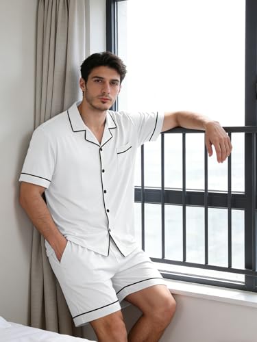Image of Mens Pajamas Set Short Sleeve Sleepwear Button Down Loungewear Set Soft Modal 2Pcs Pj Set with Pockets S-3XL