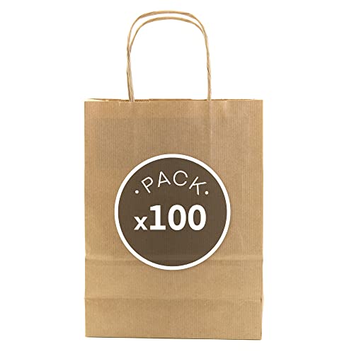 100 Bolsas de papel con asas Bolsa de papel para compra resistentes Bolsas para cumpleaños, regalos, fiestas, bolsas para tiendas (Kraft 100 unidades, 20x24x8cm)