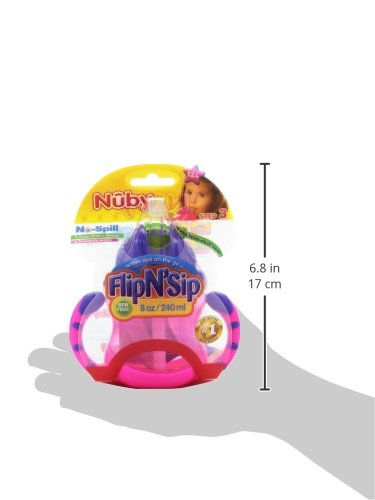Nuby Two-Handle Flip N' Sip Straw Cup, 8 Ounce, Pink with Purple