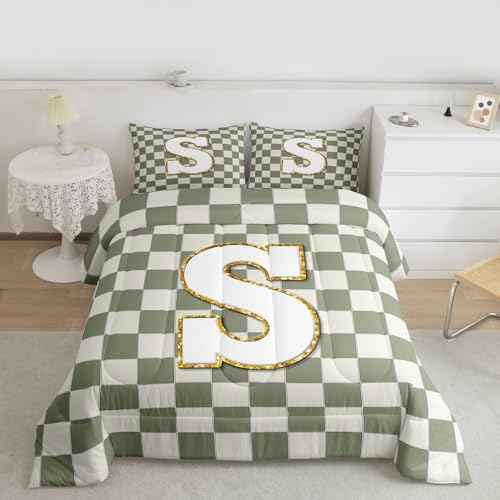 Image of Erosebridal Sage Green Checkered Comforter Set Queen Plaid Initial S Bedding Set Personalized Monogram Comforter for Kids Adults,Fashion Grids Gingham Quilt Duvet
