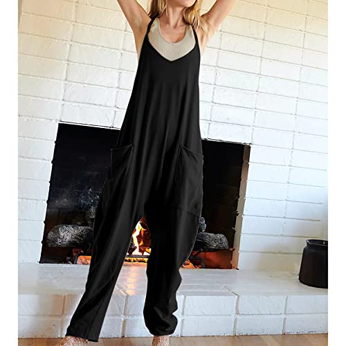 Ainangua Casual Sleeveless Jumpsuits For Women Adjustable Spaghetti Strap Overalls Long Pants Romper With Pockets(Black,L) #TOP6
