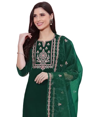 Image of SIRIL Women's Velvet Embroidery Straight Kurta Pant with Dupatta