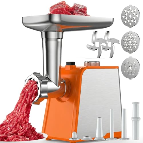 Oaomi 3200W Max Electric Meat Grinder & Sausage Stuffer - Mincer Machine with Tool 2 Blade And 3 Plates, 3 Tubes & Kubbe Kit Tool for Home Kitchen Use（Orange）