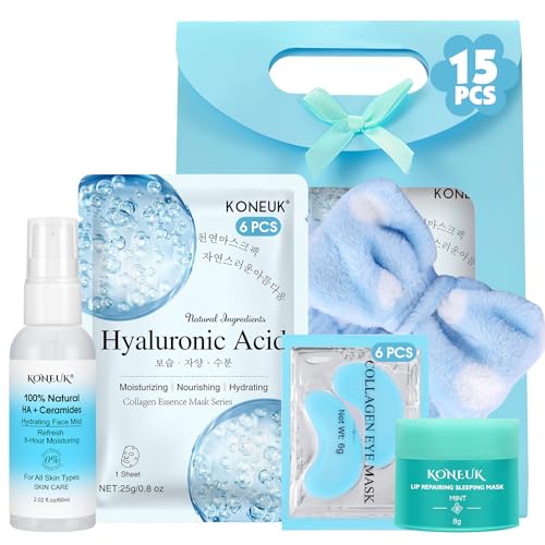 KONEUK 15 PACK Skincare Set with Facial Masks, Under Eye Patches, Face Mist, Lip Mask, Headband, Skin Care for Women, Travel Kit & Birtuday Gifts for Teens Girls, Thank You , Teacher Gifts