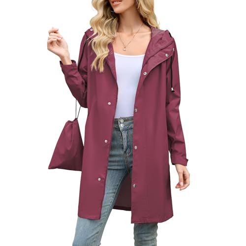 American Trends Women Rain Jacket with Hood Waterproof Lightweight Raincoat Long Hooded Trench Coat Windbreaker Fall Jacket Wine Red 2XL