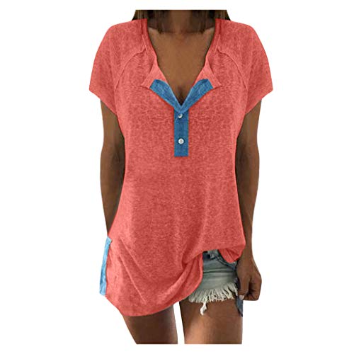 Sunhusing Clearance Price!Women s Button Buckle Casual Short Sleeve T-Shirt Neckline Patchwork Shirt (L, Orange)