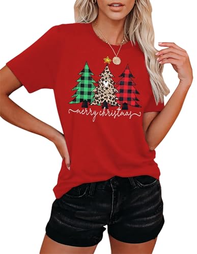 Weihnachts-Shirts Für Frauen Frohe Weihnachten Leopardenbaum Grafik-T-Shirts Kurzarm Xmas T-Shirts Feiertagsoberteile (Rot-b,L)