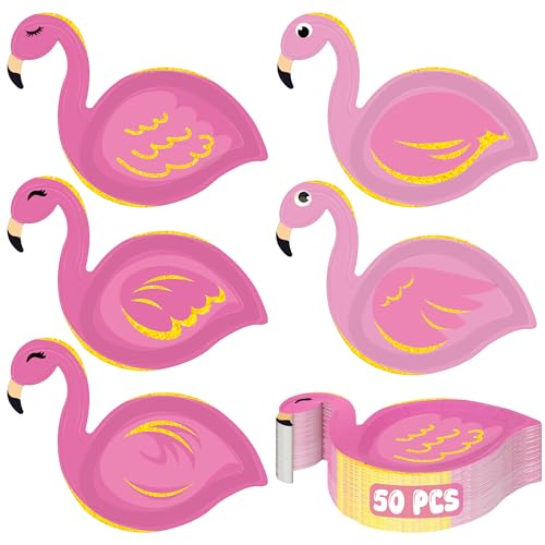 QZYL 50 Pcs Hawaiian Party Decorations Flamingo Shaped Plates Disposable Tropical Dessert Plates Luau Party Supplies Paper Decor Aloha Tableware Set for Summer Birthday Pool Beach Decor