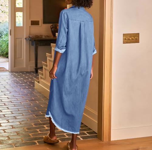 chouyatou Women's Spring Long Sleeve Button Down Denim Shirt Dress Lapel Distressed Midi Long Jean Shift Dress2