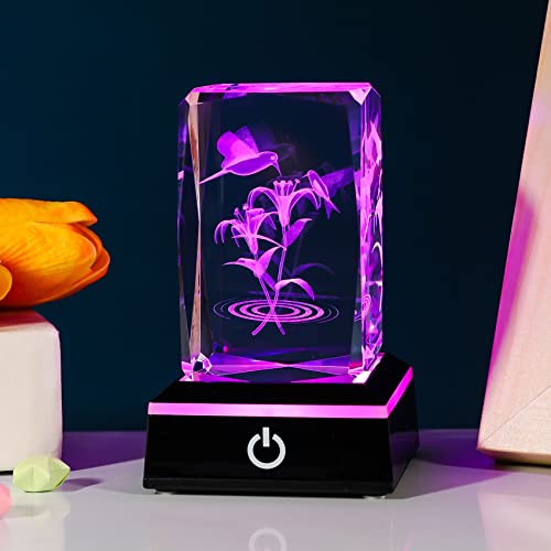 Movdyka Hummingbird Gifts For Women Men Unique, 3D Crystal Etched Hummingbird Figurines Decoration With Colorful Led Base, Glass Paperweight For Bird Lover #TOP1