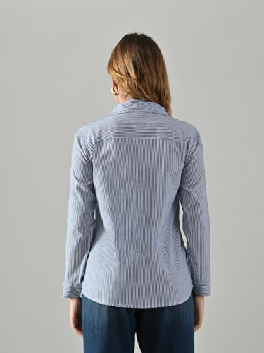 Image of Women's Blue Cotton Striped Shirt - Regular Fit, Full Sleeve, Collared Formal Shirt for Office, Casual