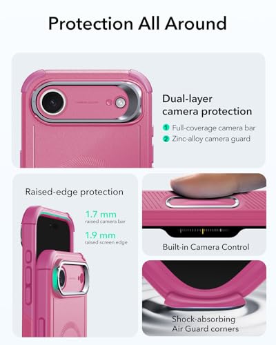 Image of ESR for iPhone Air Case with Stand, 23ft Military-Grade Drop Protection, Camera Control, Shock-Absorbing iPhone 17 Air Rugged case, Compatible with MagSafe Accessories, Cyber Series, Pink