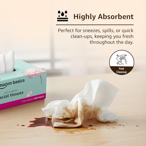 Image of Amazon brand- Amazon Basics 2-Ply Facial Tissue paper 1200 pulls | 200 pulls x Pack of 6| Soft, Absorbent & Gentle| Chemical-Free