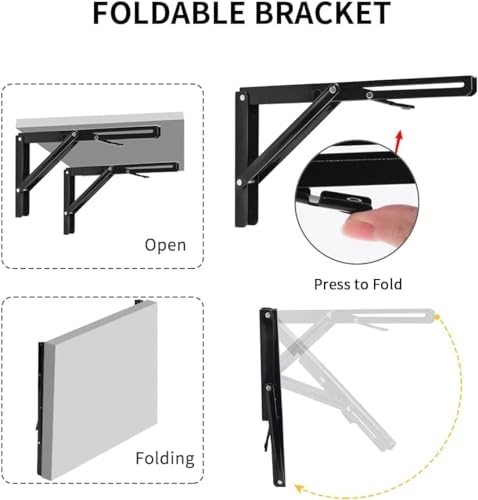 Image of Folding Shelf Brackets (8 Inch, 20 cm) Pack of 2 - Heavy Duty Metal Wall Mount Foldable Collapsible Shelf Support for Kitchen, Table, Workbench & Storage Shelves, Black