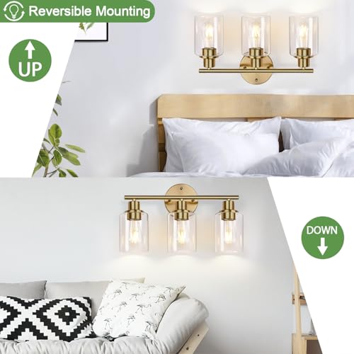 Image of 3-Light Gold Bathroom Light Fixtures, Modern Bathroom Vanity Light with Clear Glass Shade, Brushed Gold Bath Wall Mount Lights, Wall Lamp for Mirror Kitchen Bedroom Hallway Living Room Hallway
