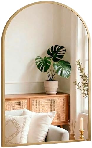 Marctani Espejo Ventana Arqueado con Marco de Aluminio Dorado, Espejos Decorativos de Pared Estilo Ventanal Vintage, Cristal HD de 2.8cm para Recibidor, Salón o Dormitorio